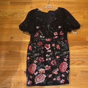 Marchesa Notte Black sequined with Pink flowers Puff Sleeve Dress